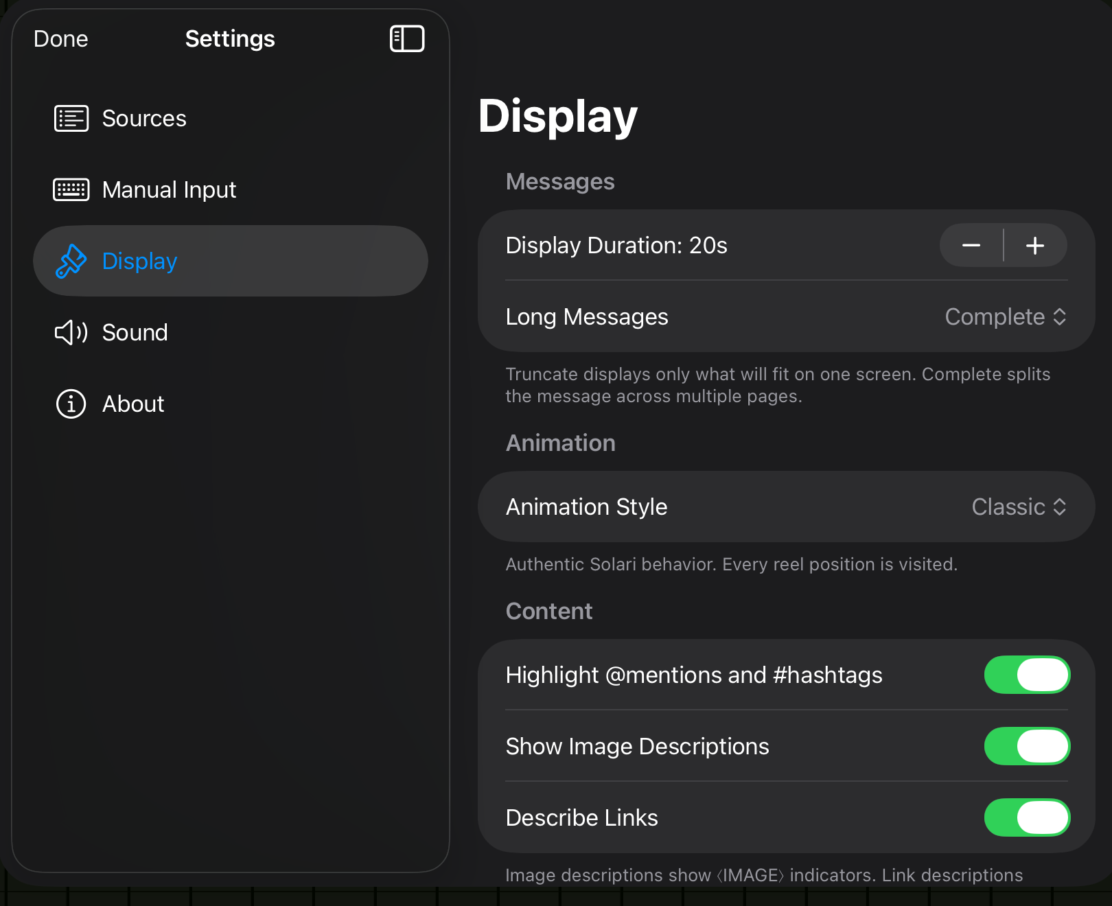 Display settings panel
