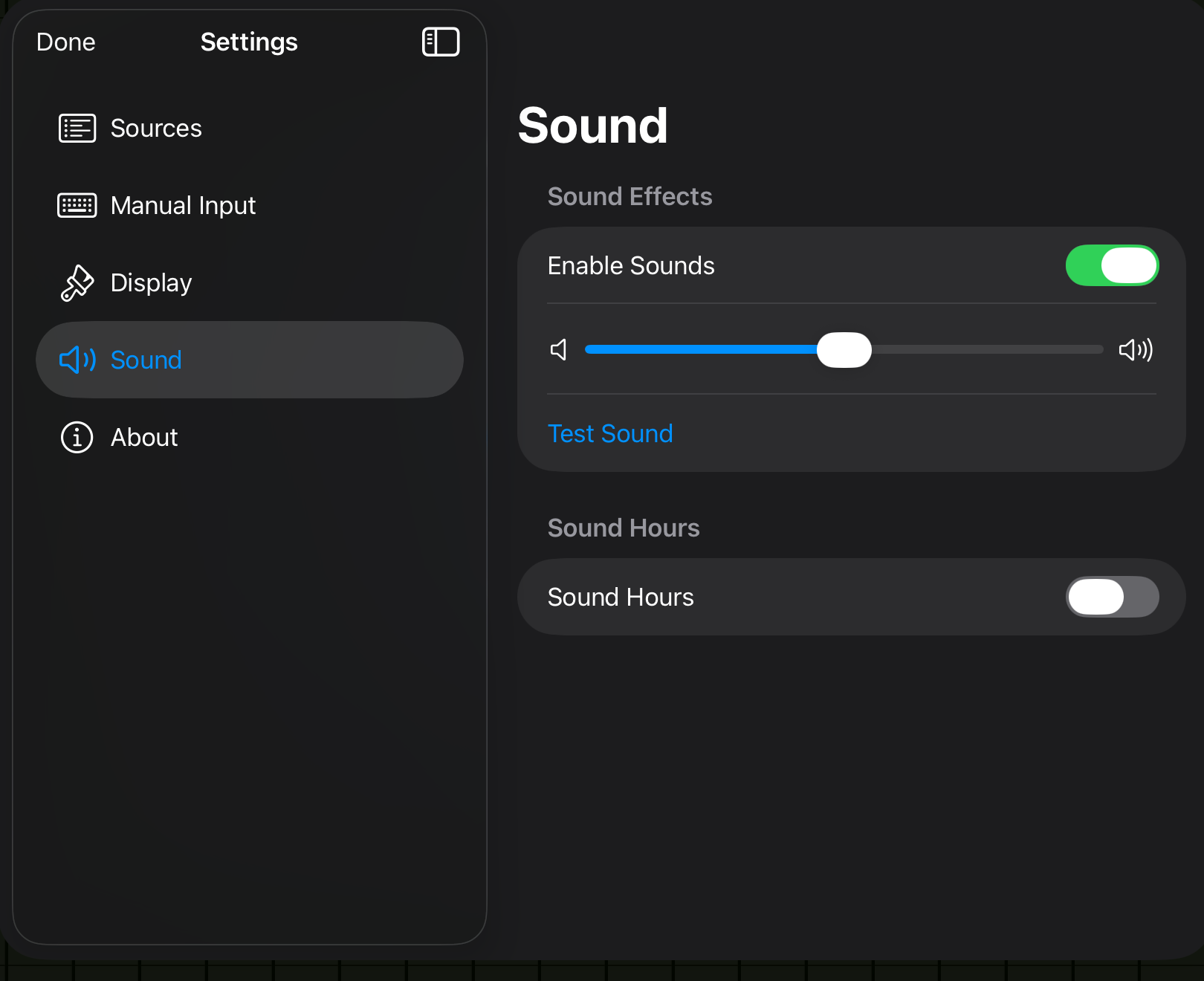 Sound settings panel